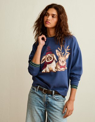 Женская толстовка American Eagle AE Holiday Graphic Crew Neck, цвет: Глубокий морской синий — фото 6
