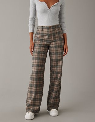 Brown Plaid Trouser Pants - High Rise Pants - Straight Leg Pants