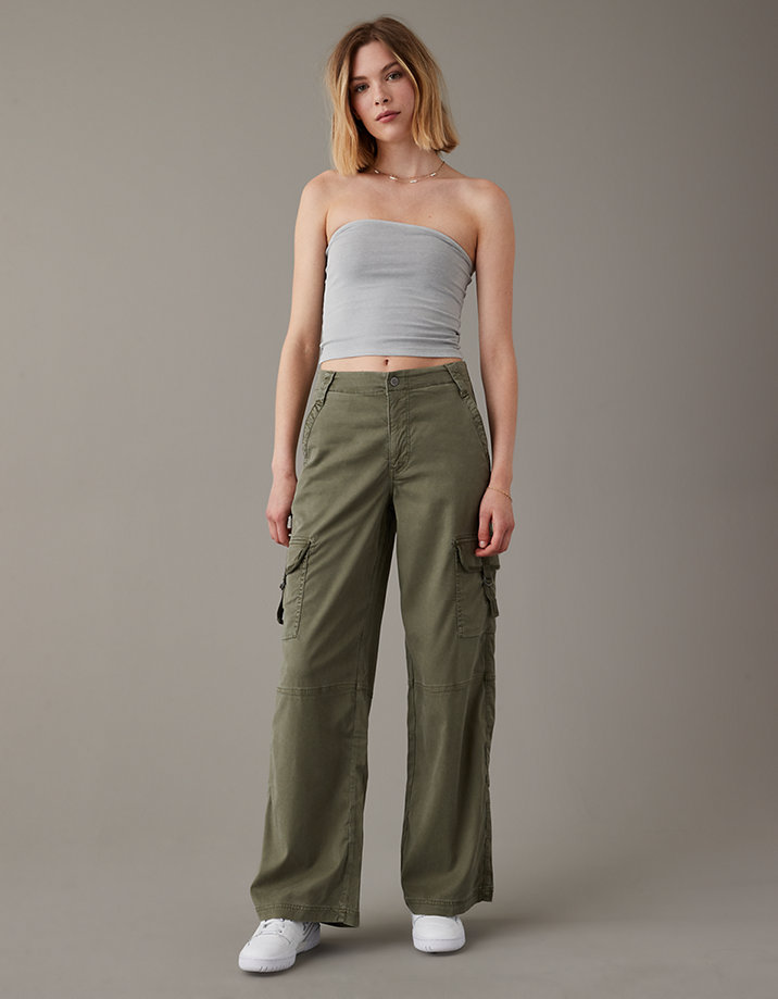 American Eagle Stretch Twill Super High-Waisted Baggy Wide-Leg Pant In Beige