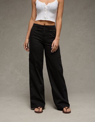 AE Stretch Super High-Waisted Wide-Leg Cargo Pant — Onyx Black by American Eagle