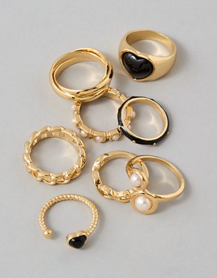 AE Black & Gold Heart Rings 8-Pack