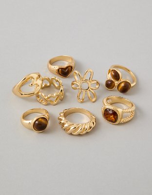 AE Brown Stone & Gold-Finish Rings 8-Pack | American Eagle