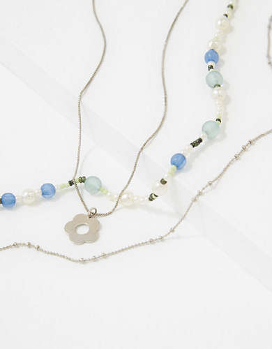 AEO Blue Bead & Daisy Necklace 3-Pack