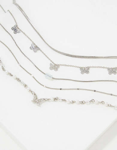 AEO Silver Butterfly Choker Necklace 5-Pack