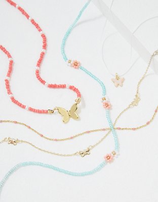 AEO Coral Daisy Butterfly Necklace 3-Pack