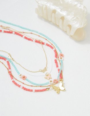 AEO Coral Daisy Butterfly Necklace 3-Pack