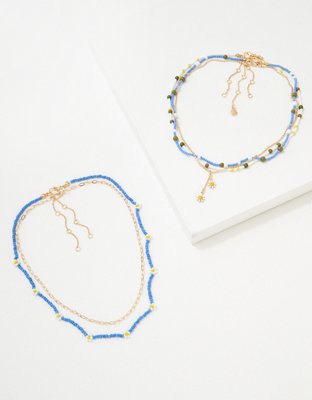 AEO Blue Daisy Beaded Necklace 5-Pack