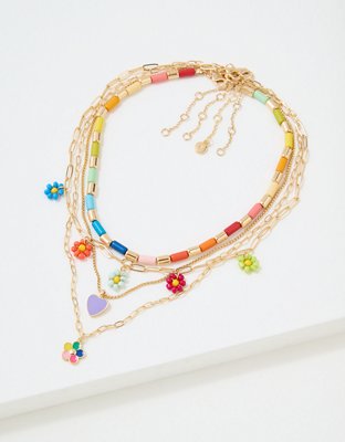 AEO Rainbow Beaded Flower Necklace 4-Pack