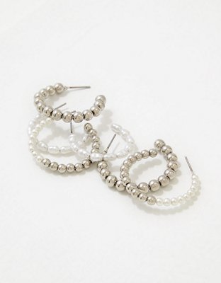 American Eagle AEO Silver + Pearl Beaded Hoop Earring 3-Pack — фото 2