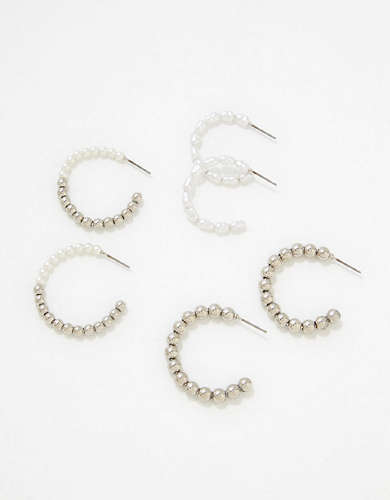 AEO Silver + Pearl Beaded Hoop Earring 3-Pack