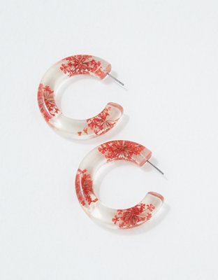 AEO Red Floral Resin Hoop Earring