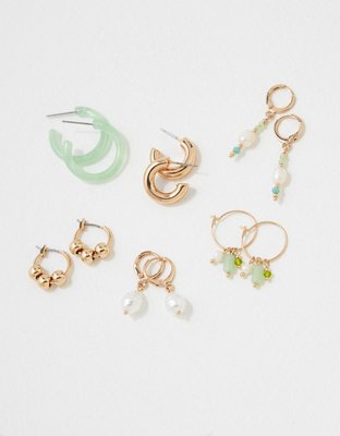 AEO Resin + Pearl Green Beaded Hoop Earring 6-Pack