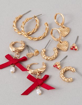 AEO Gold & Red Pearl Earrings 6-Pack