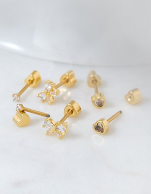 AEO Paquete de 3 Pares de Aretes tipo Aros Enchapados en Oro de 14K de The Keepers Colección