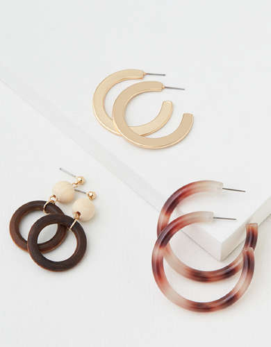 AEO Natural + Gold Hoop Earrings 3-Pack
