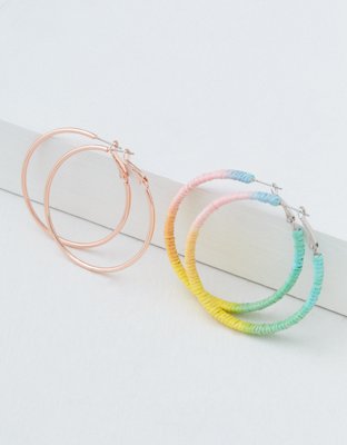 American Eagle AEO Rose Gold + Rainbow Raffia Hoop Earrings 2-Pack — фото 2