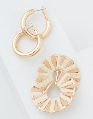 AEO Raffia + Gold Hoop Earrings 2-Pack