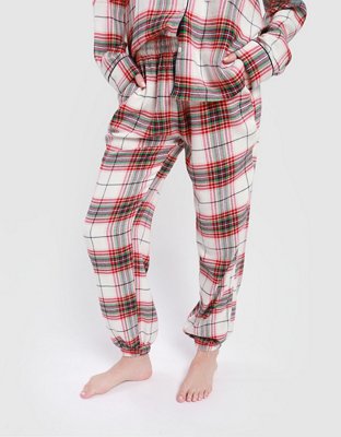 AERIE Gauze Cotton Neutrals Plaid Cozy Launge Pajama Joggers PANTS