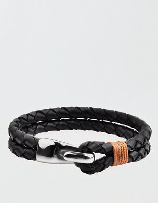 Stainless Steel and Black Braided Leather Bracelet