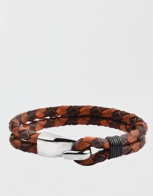 Braided Leather And Stainless Steel Bangle, Brown