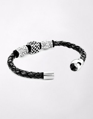 West Coast Jewelry Beaded Black Braided Leather Bracelet