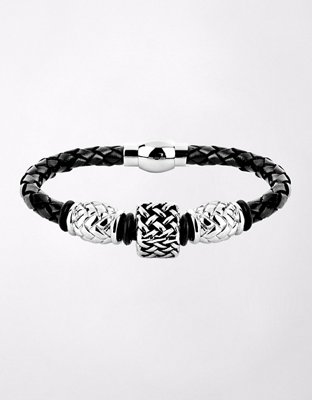 West Coast Jewelry Beaded Black Braided Leather Bracelet