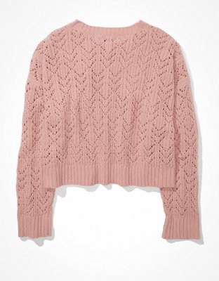 AE Cropped Pointelle Crew Neck Sweater
