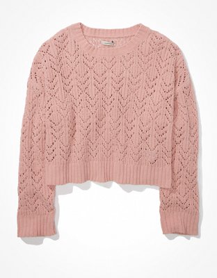 AE Cropped Pointelle Crew Neck Sweater