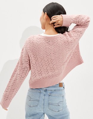 AE Cropped Pointelle Crew Neck Sweater