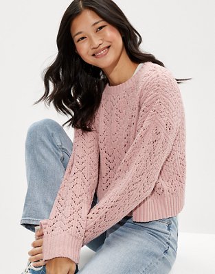 AE Cropped Pointelle Crew Neck Sweater