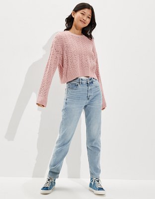 AE Cropped Pointelle Crew Neck Sweater