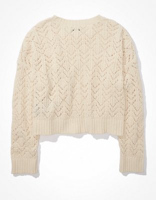 AE Cropped Pointelle Crew Neck Sweater