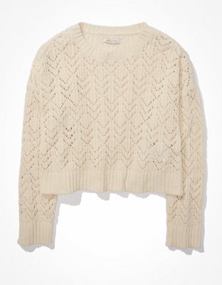 AE Cropped Pointelle Crew Neck Sweater