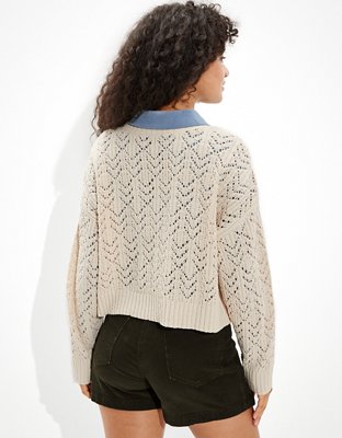 AE Cropped Pointelle Crew Neck Sweater