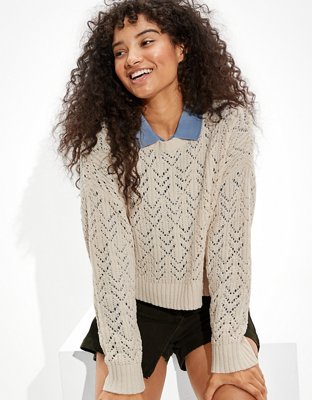 AE Cropped Pointelle Crew Neck Sweater