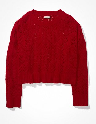 AE Cropped Pointelle Crew Neck Sweater