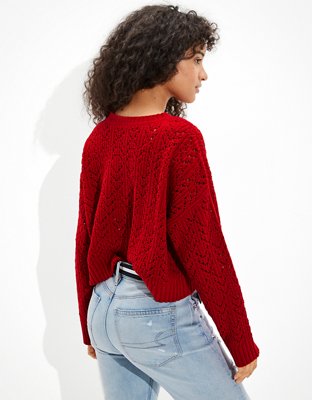 AE Cropped Pointelle Crew Neck Sweater