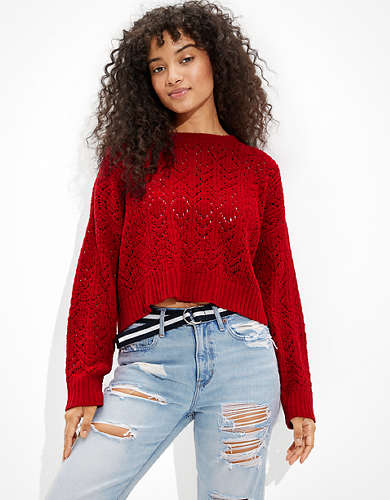 American Eagle AE Cropped Pointelle Crew Neck Sweater
