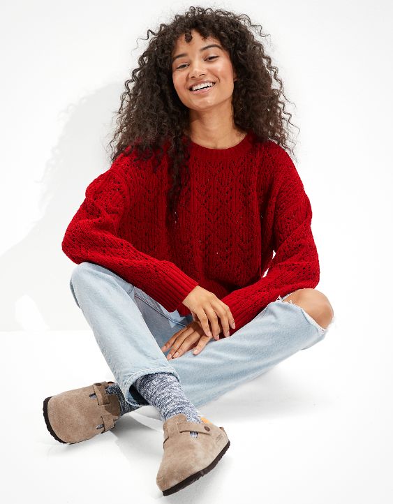 AE Cropped Pointelle Crew Neck Sweater