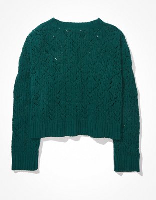 AE Cropped Pointelle Crew Neck Sweater