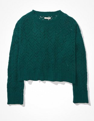 AE Cropped Pointelle Crew Neck Sweater