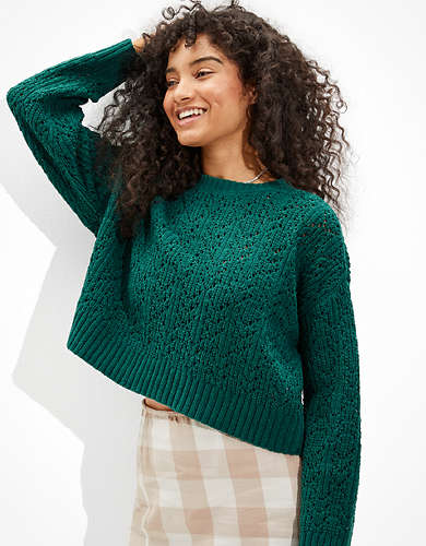 American Eagle AE Cropped Pointelle Crew Neck Sweater