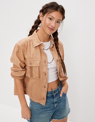 AE Cropped Long-Sleeve Cargo Button-Up Shirt