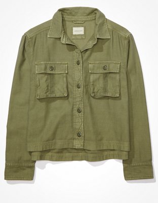 AE Cropped Long-Sleeve Cargo Button-Up Shirt