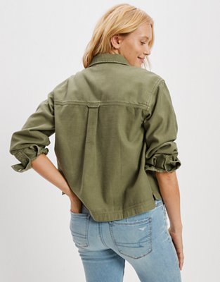 AE Cropped Long-Sleeve Cargo Button-Up Shirt