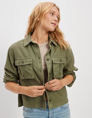 AE Cropped Long-Sleeve Cargo Button-Up Shirt