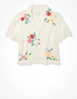 Женские рубашки American Eagle AE Cropped Embroidered Resort Shirt — фото 3