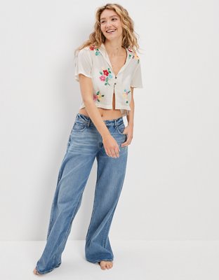 Женские рубашки American Eagle AE Cropped Embroidered Resort Shirt — фото 5