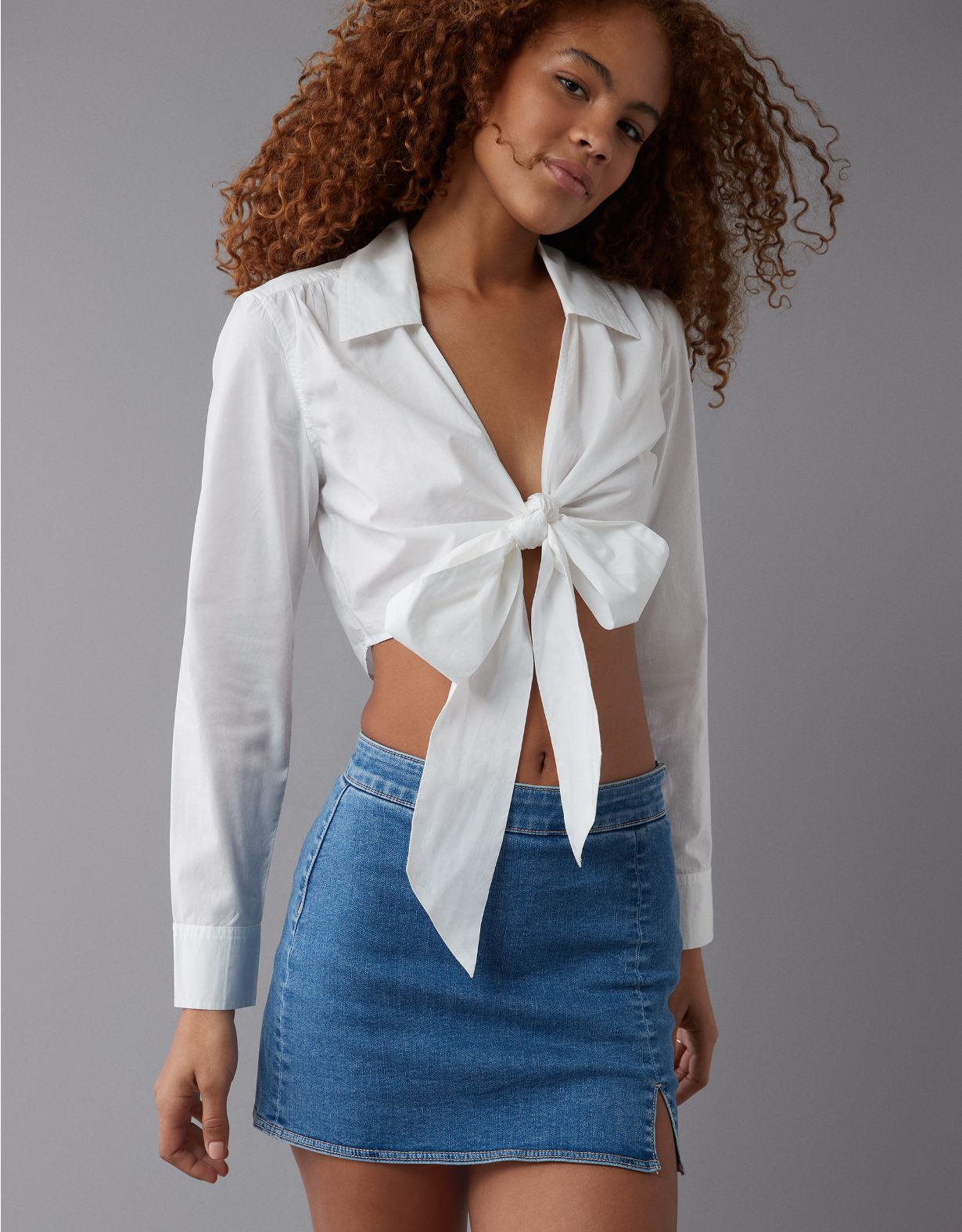 AE Long-Sleeve Tie-Front Shirt