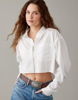 white cropped button down shirt